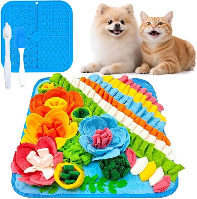 Dog Snuffle Mat and Lick Mat Set, Interactive Dog Enrichment Puzzle Toys for Puppy Small Breed Dogs Cats Rabbits, Cognitive Sniff Foraging Mats for Slow Feeding Treat Game Mental Stimulation