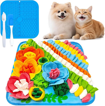 Dog Snuffle Mat and Lick Mat Set, Interactive Dog Enrichment Puzzle Toys for Puppy Small Breed Dogs Cats Rabbits, Cognitive Sniff Foraging Mats for Slow Feeding Treat Game Mental Stimulation