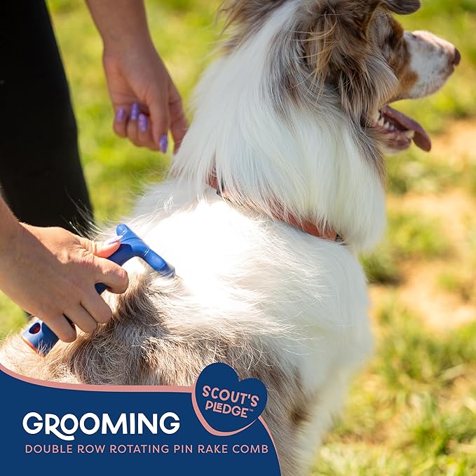 Good Scout Pet Hair Rake with Double Row Rotating Pins, Best Deshedding Tool for Dogs & Cats, Gentle, Safe & Effective Grooming Tool for Short or Long Haired Animals