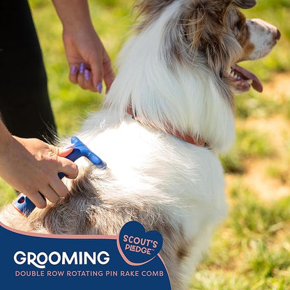 Good Scout Pet Hair Rake with Double Row Rotating Pins, Best Deshedding Tool for Dogs & Cats, Gentle, Safe & Effective Grooming Tool for Short or Long Haired Animals