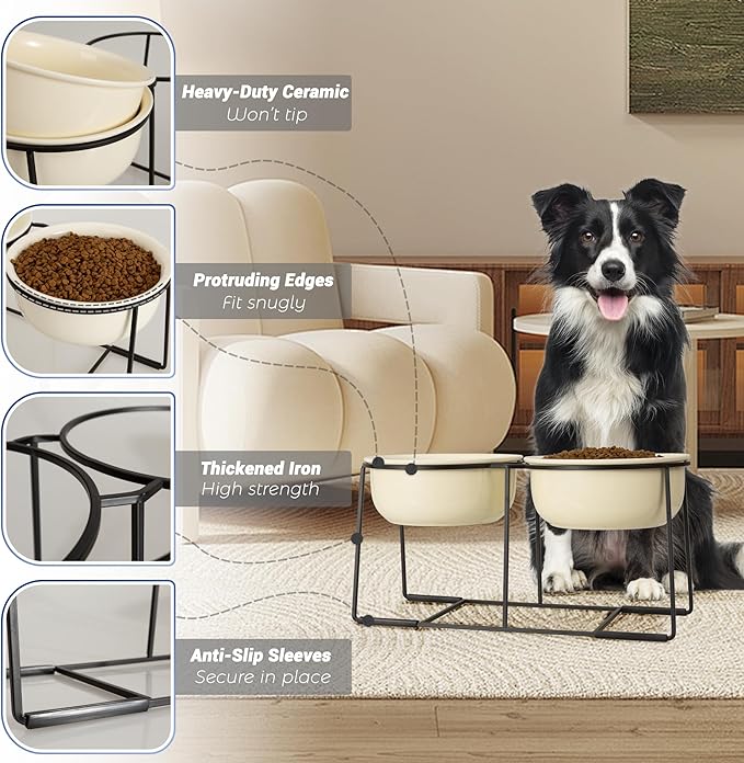 Ceramic Elevated Dog Bowl Set - Raised Double Feeding Bowls with Metal Stand - Pet Dishes for Medium and Large Dogs - 3.5 Cups - 54 fl oz - Beige