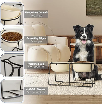 Ceramic Elevated Dog Bowl Set - Raised Double Feeding Bowls with Metal Stand - Pet Dishes for Medium and Large Dogs - 3.5 Cups - 54 fl oz - Beige