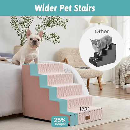 Dog Stairs for Small Dogs 5-Step, 19.7" Extra Wide Right-Angle Pet Stairs for Couch and Beds, Anti-Slip Dog Steps for Old Cats and Lowrider, 19.7x29.5x23.6 inch, Pink