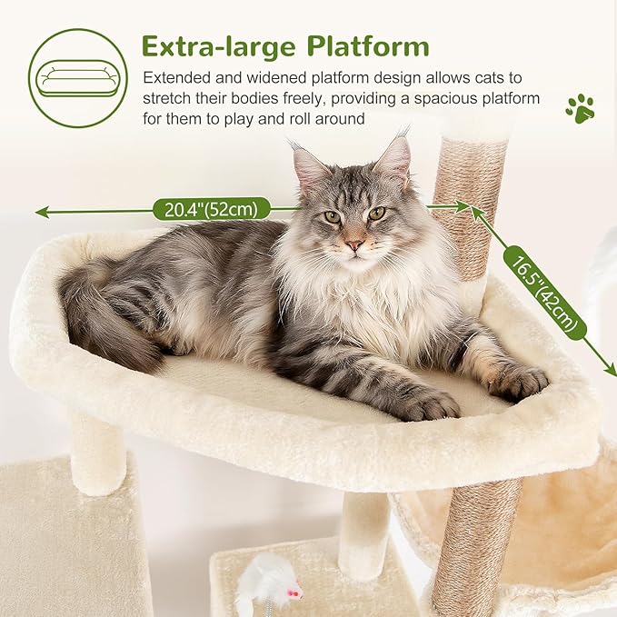 Globlazer Sturdy Cat Tree, 68-inch Large Cat Tower for Indoor Adult Cats 20 lbs Heavy Duty Cat Tree for Big Cats with Extra Large Platform, 5 Scratching Post, S68, Beige