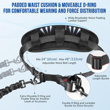 Hands Free Dog Leash for 2 Dogs, Adjustable Waist Belt with Zipper Pouch, Dual Handle Retractable Elastic Bungee with Reflective Stitches for Medium and Large Dogs Training Running