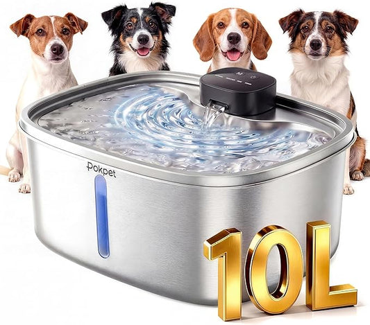 Water Fountain for Dogs Home Outdoor Multi-Pet Stainless Steel 10L/2.64gal Wireless Large Dogs Motion Sensor Dispenser Filtered Cordless Bowl Waterer -Wireless Stainless Steel&1Filters