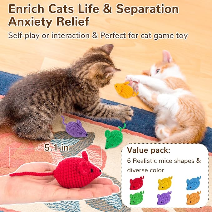 Retro Shaw Catnip Toys Crochet Mouse 6 Pcs - 100% Natural Catnip & Silvervine Blend Yarn Cat Nip Mice, Durable Hand-Knitted Teething Chew Toy for Indoor Cats & Kittens, Interactive Play & Dental Care