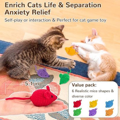 Retro Shaw Catnip Toys Crochet Mouse 6 Pcs - 100% Natural Catnip & Silvervine Blend Yarn Cat Nip Mice, Durable Hand-Knitted Teething Chew Toy for Indoor Cats & Kittens, Interactive Play & Dental Care