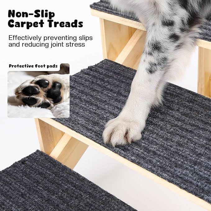 5-Step Dog Stairs for Large Dogs, Solid Wooden Dog Steps for Beds/Couch with Carpet, 24 Inches Anti-Slip Pet Stairs for High Beds, Ramp for Older/Senior Dogs, Pet Bed Stairs to Get on Bed/Sofa