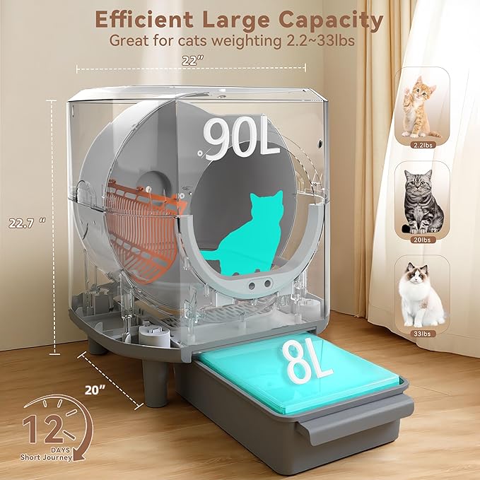 Self Cleaning Litter Box, Automatic Litter Box Self Cleaning 90L App-Controlled,Dual Safety Protection,1 Rolls Garbage Bags,White