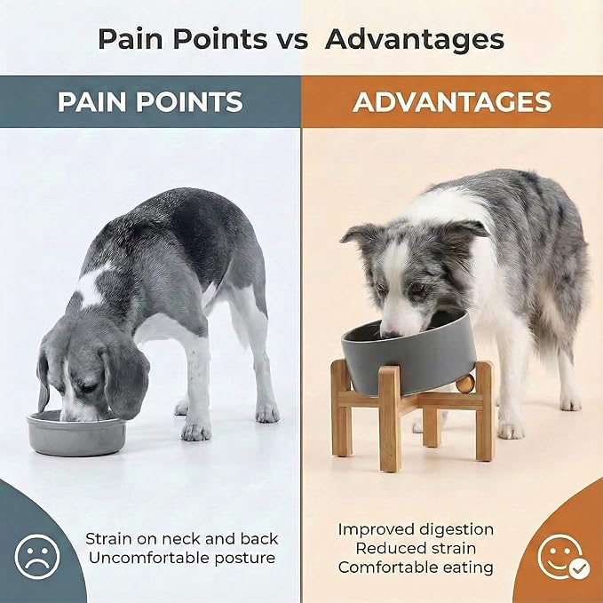 hjn Elevated Ceramic Dog Bowl 15°Slanted Raised Dog Bowl with Bamboo Stand for Small Medium Dogs and Cats, Pet Feeder -7.6-Cup (1800ml)-Gray