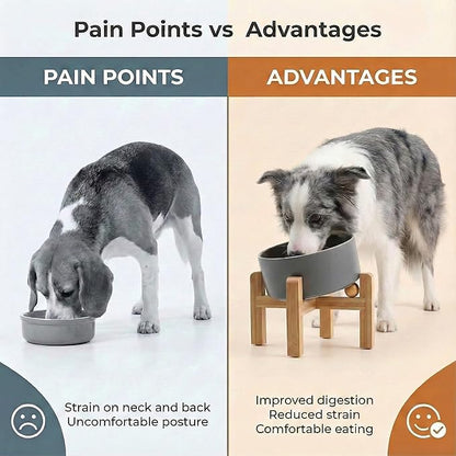 hjn Elevated Ceramic Dog Bowl 15°Slanted Raised Dog Bowl with Bamboo Stand for Small Medium Dogs and Cats, Pet Feeder -7.6-Cup (1800ml)-Gray