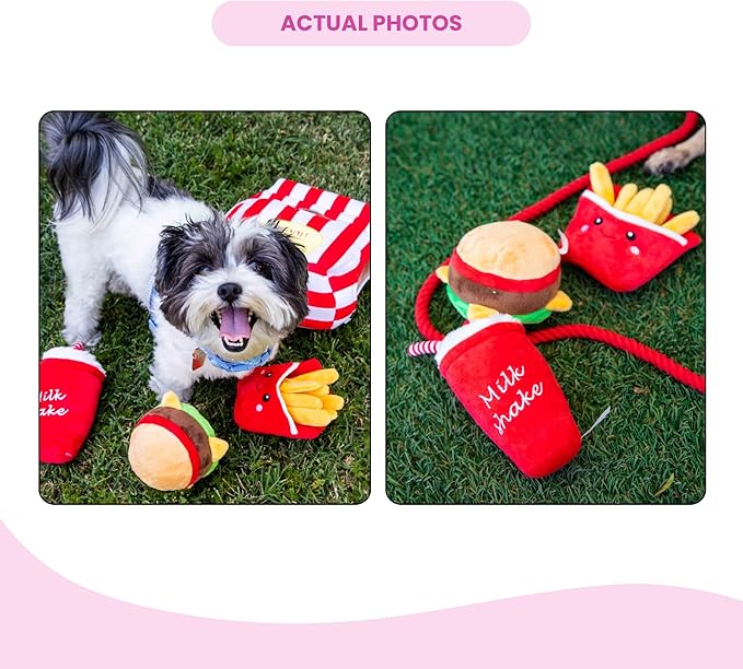 Glow Pups Dog Toys Food Parody Plush Dog Toy with Squeaker, Doggy Bag Hide and Seek Toy, Crinkly Bag for Burrowing Fun, Promotes Mental Stimulation and Reduces Stress, 12" x 9" x 5", Red Striped