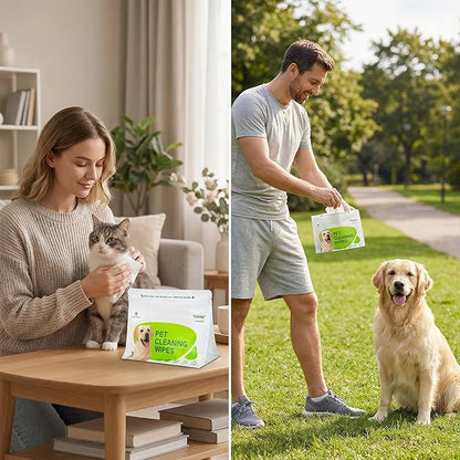 Pet Wipes for Dogs & Cats, Individually Wrapped Dog & Cat Wipes for Paws, Face & Body, Alcohol-Free Pet Grooming Wipes, 8"×8", 60 Count (20 Travel Packs)