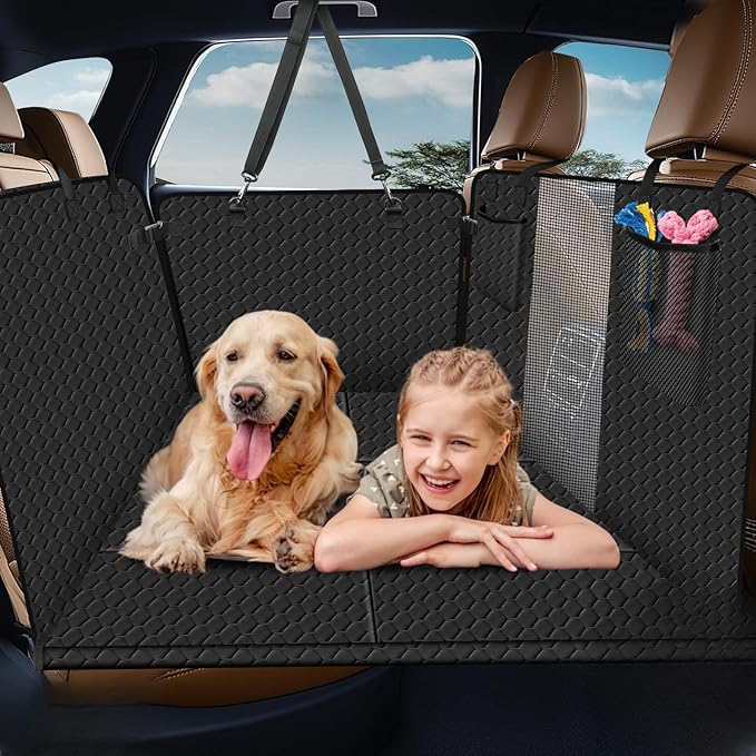 XL Dog Back Seat Extender for Crew Cab Truck, Hard Bottom Dog Car Seat Cover Waterproof Dog Car Hammock Pet Backseat Bed, Pet Truck Accessories for F150 / RAM 1500/ Tundra Crew Cab, Black