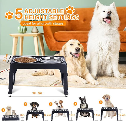 Elevated Dog Bowls, Raised Bowl with 2 Stainless Steel Food Bowls, Dog Bowls Stand Adjusts to 5 Heights 2.95", 8.46", 9.65", 10.82", 12.01" for Small Medium Large Cats Pets,Black