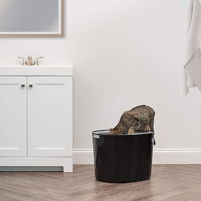 IRIS USA Large Top Entry Cat Litter Box Made in USA, Covered Enclosed Design with Lid, Litter Catching Grooved Top, Scatter Shield, Dog Proof, Scoop Included, Odor Control, Black/Gray