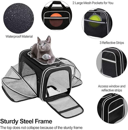 TSA Airline Approved Large Pet Travel Carrier,4 Sides Expandable with 2 Mesh Pockets,3 Entry, Soft Sided Collapsible Dog Carrier for 2 Cats,Kittens,Puppies,Dog, X-Large, Black & White