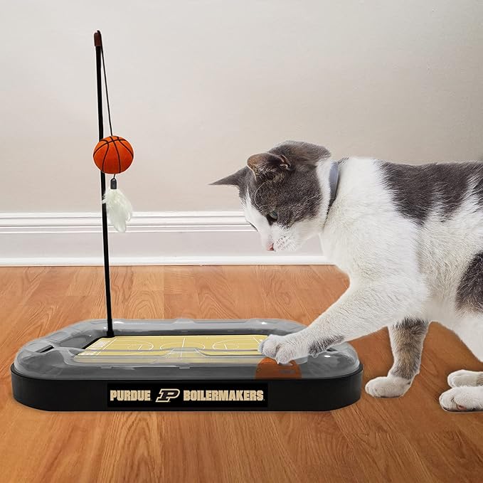 NCAA Purdue Boilermakers Basketball Court Felt Cat Scratcher Toy - 6-in-1 Interactive Cat Ball Bell & Wand with Catnip-Filled Plush Basketball