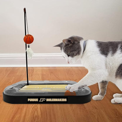 NCAA Purdue Boilermakers Basketball Court Felt Cat Scratcher Toy - 6-in-1 Interactive Cat Ball Bell & Wand with Catnip-Filled Plush Basketball