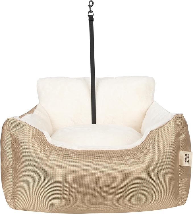 Best Pet Supplies Elevated Dog Car Seat for Small Dogs, Booster Seat with Safety Tether & Storage, Washable Travel Pet Seat for Front or Back Seat, Up to 25 lbs - Brown - 21 x 20 x 14