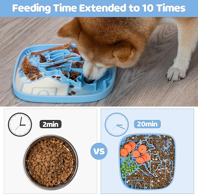 Puzzle Feeder Snuffle Mat and Lick Mat for Dogs,Texas Textured Slow Feeder, 0.75 Inch Thin Silicone Mat Holds 3 Cups, Dishwasher and Microwave Safe, Blue