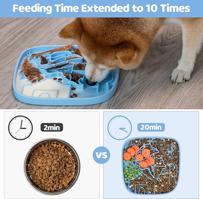 Puzzle Feeder Snuffle Mat and Lick Mat for Dogs,Texas Textured Slow Feeder, 0.75 Inch Thin Silicone Mat Holds 3 Cups, Dishwasher and Microwave Safe, Blue