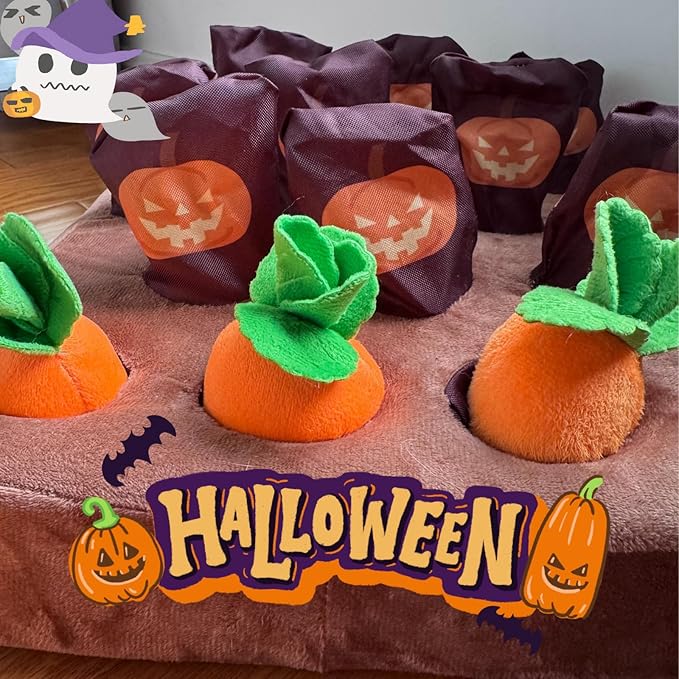 Carrot Patch Cat Toy Halloween Edition, Mat Pocket with Pumpkin Design, 12 Squeaky Carrot with Pockets and 4 Cute Catnip Toys for Indoor Cats Kicking and Biting