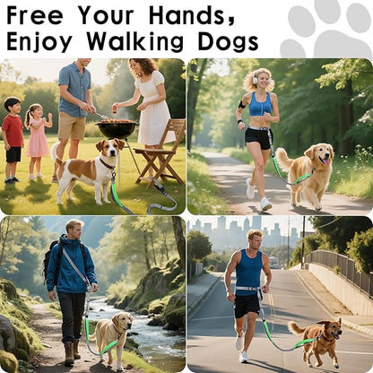 Hands Free Dog Leash, 8.2 FT Waist Leash for Walking, Jogging, Hiking, Adjustable Crossbody Belt with Double Padded Handles, Bungee Car Seatbelt Design for Medium Large Dogs, Gray + Green