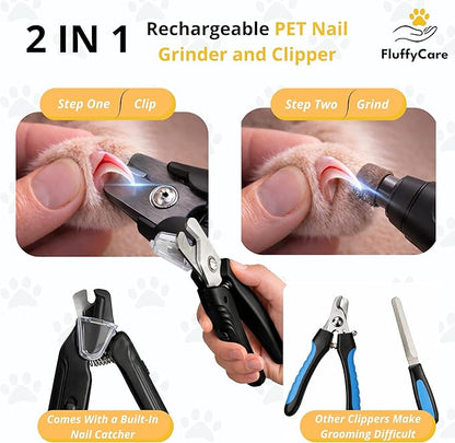 2-in-1 Dog Nail Clippers & Cat Nail Clipper with 2 LED Lights, USB Rechargeable with Safety Guard, Low Noise Grooming Tool for Small, Medium & Large Dog and Cat Nail Trimmer (Black)