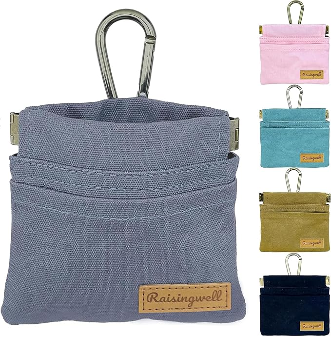 Raisingwell Dog Treat Pouch, Small Cotton Pocket Sized Training Holder, Hand Free Walking Fanny Bag with Carabiner, Self-Closing Pet Feed Snack Reward, Behavior Aids for Puppy Travel or Outdoor (Grey)
