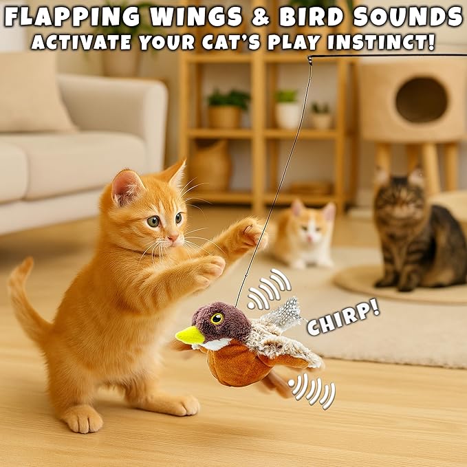 Cat Toys Flapping Bird (No Flying), Life-Like Bird Chirp Tweet, Rechargeable Touch Activated Kitten Toy Interactive Cat Exercise Toys for All Breeds