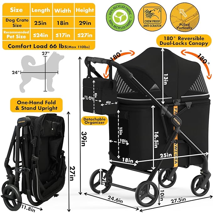PAWZIDEA Large Dog Stroller up to 80 lbs, No-Zip 180° Reversible Canopy Lockable, Lightweight Pet Stroller for 2 Medium Dogs, One-Hand Foldable, Low-Entry, All-Terrain Jogger Wheels, Storage Organizer