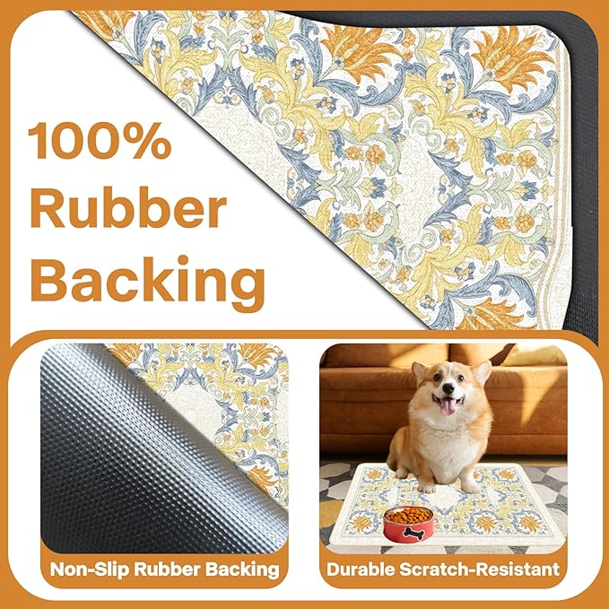 Pet Dog Cat Food Mat, Absorbent Dog Bowl Mats for Food and Water, Non Slip Boho Dogs Cat Placemats Feeding Mat for Floors Indoor Puppy Pet Accessories Supplies 12 * 20 inch, Khaki