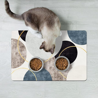 Rnivvi Dog Food Mat, 12" x 19" Boho Absorbent Dog Cat Bowl Mat for Food and Water, 3MM Anti-Slip Rubber Pet Feeding Rug Protect Floors, Puppy Placemat for Feeding & Watering Supplies, Abstract Circle