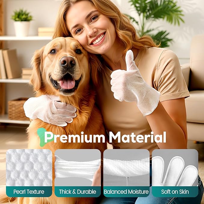 Pet Glove Wipes for Dogs and Cats, No-Rinse Dog Cleaning Gloves, Unscented Thick Glove Wipes for Waterless Cleaning, Daily Care & Travel, 30 Count