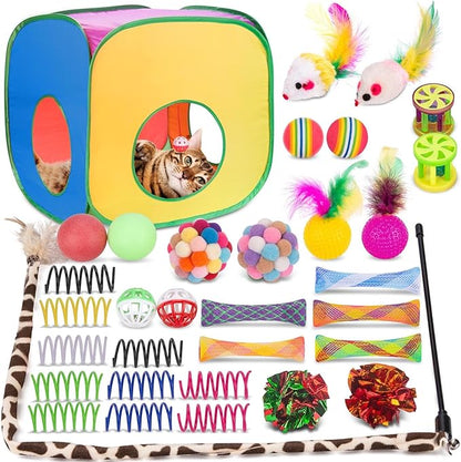 Retro Shaw Cat Toys Set, 33 Pack, Interactive Kitten Toys for Indoor Cats Kitty with Collapsible Cat Tunnel Tube Tent Feather Wand Teaser Bell Fuzzy Pompom Crinkle Ball Springs Mice Toys