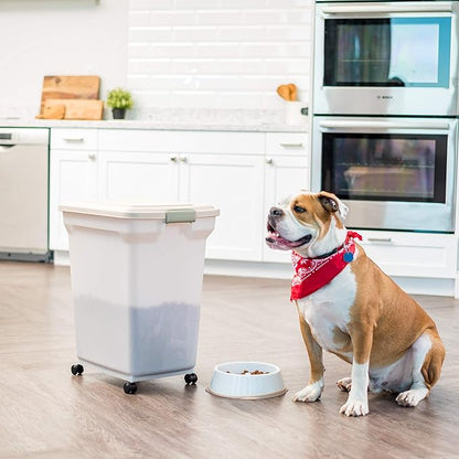 IRIS USA Dog Food Storage Container 58 lbs, Attachable Wheels, for Dog Cat Birds and other Pets, Food Storage Bin, Keep Fresh, Easy Mobility, BPA Free - Made in the USA, Almond/Pearl