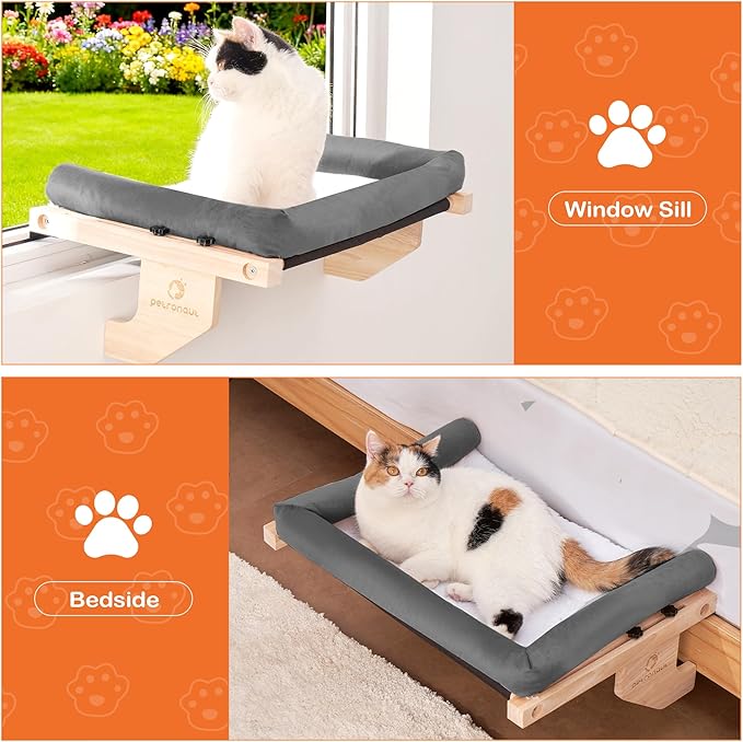 Solid Wood Cat Window Perch for Large Breeds – 40lbs Heavy Duty Cat Window Hammock, Comfortable Orthopedic Feline Bed with Easy Screw-in Assembly, Modern Pet Furniture, Bonus Toy Included