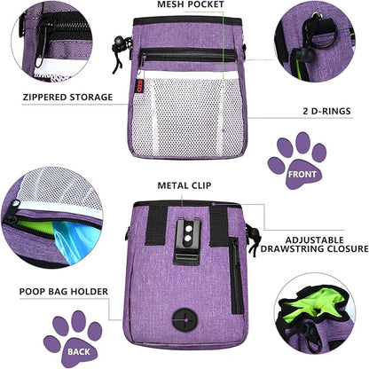 Dog Treat Pouch - 3 Ways to Wear Treat Pouches for Pet Training and 2 Pieces Clicker Taining for Dogs, Dog Training Treat Pouch Bag and Dog Clicker for Training with Waist Belt Shoulder Strap - Purple