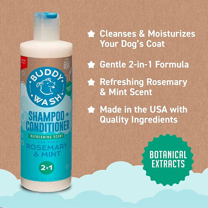 Buddy Wash 2-in-1 Dog Shampoo and Conditioner for Dog Grooming, Rosemary & Mint, 16 oz. Bottle