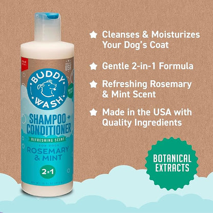 Buddy Wash 2-in-1 Dog Shampoo and Conditioner for Dog Grooming, Rosemary & Mint, 16 oz. Bottle