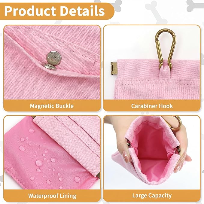 Dog Treat Pouch, Hand Free Dog Training Treat Bag with Carabiner & Magnetic Buckle, Auto Closing Dog Walking Bag for Puppy Travel or Outdoor Use, Pet Feed Snack Reward Pocket, Pink