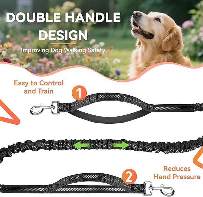 Hands Free Dog Leash with Waist Belt & Zipper Pouch, Heavy Duty Waist Leash for Running, Walking, Jogging and Hiking, Professional Tangle Free Reflective Control Lead for Large Medium Dogs