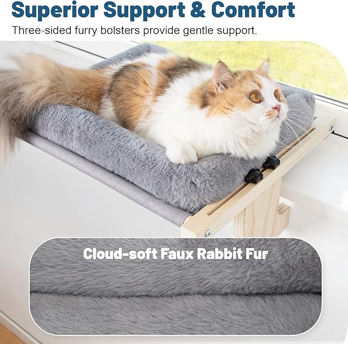 Cat Sill Window Perch - 100% Natural Pine Frame, Soft Rabbit Fur Cushion, Tool-Free Adjustment, Supports 40 lbs (Medium-Grey)