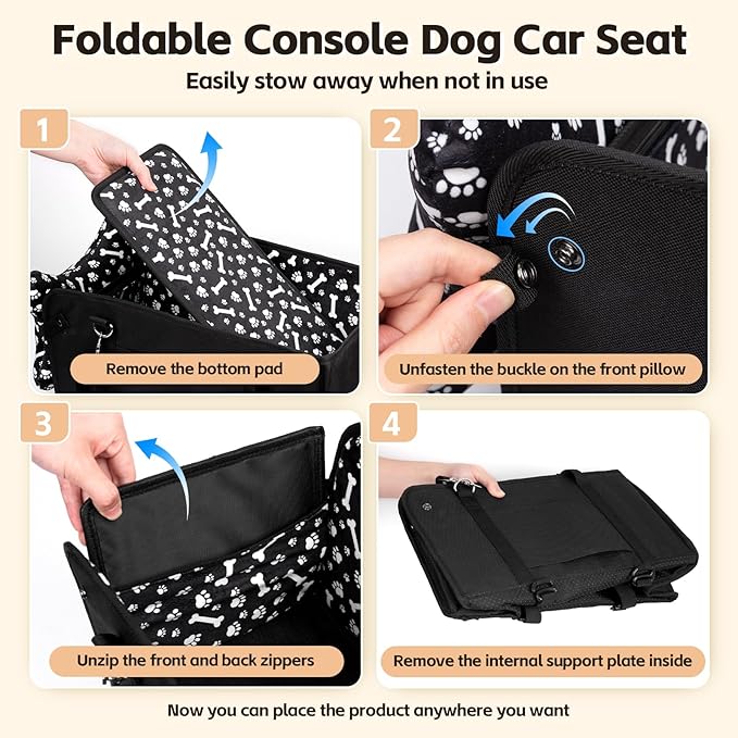 Center Console Dog Car Seat, Portable Pet Cat Puppy Booster Armrest Carseat, Anti-Collapse Pet Car Seat with Safety Leash, Adjustable Straps, Storage Pockets, Support Pet Up to 15lbs (Black)
