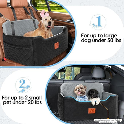 GL GLENSLAVE Dog Car Seat for Medium/Large Dogs,Pet Booster Car Seats for Under 50lbs or 2 Small Dogs, Detachable and Washable Pet Bed,Multi-Functional Travel Dog Bed(Black/Grey)