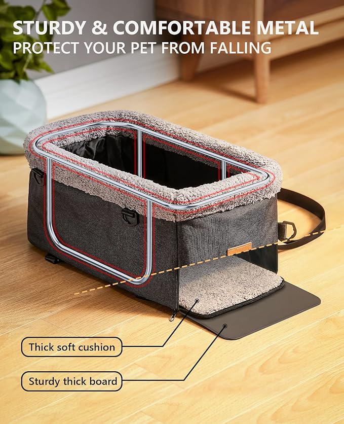 BurgeonNest Center Console Dog Car Seat for Small Dogs up to 9lbs - Sturdy Metal Frame Anti-Collapse Pet Booster Seat for Car Armrest, Dual Safety Belts & Washable Cushion, Grey
