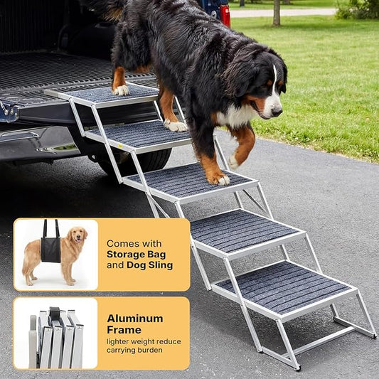 Veehoo Extra Wide Dog Steps for Car Truck SUV Foldable, 5 Steps Lightweight Aluminum Dog Stairs for Injured Senior Large Dogs 20" Wide, Folding Pet Ramp Ladder with Non Slip Surface, up to 170lbs