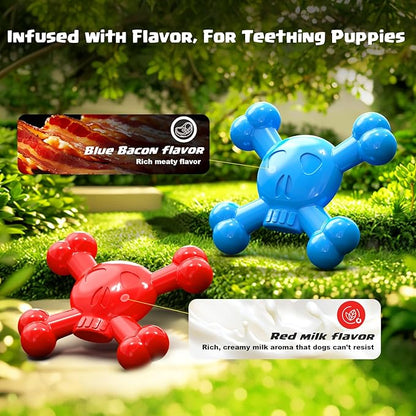 Dog Toys for Small Dogs, Skull-Shaped Small Dog Toys for Puppies, Durable Natural Rubber Puppy Chew Toys with Bacon&Milk Flavor, Indestructible Dog Toy, Blue